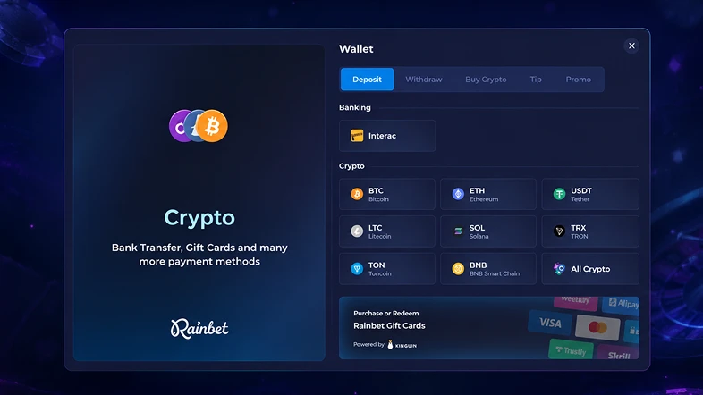 Rainbet deposit cashier screen