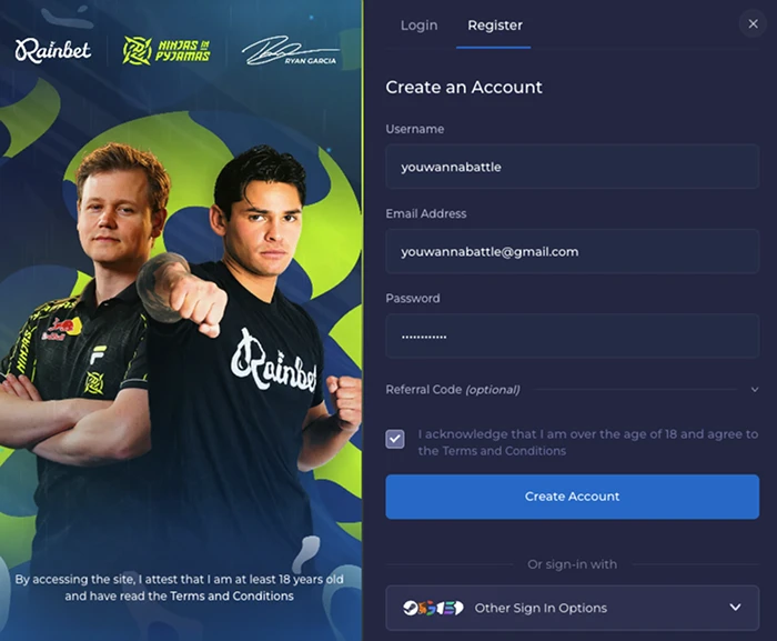 Rainbet registration screen